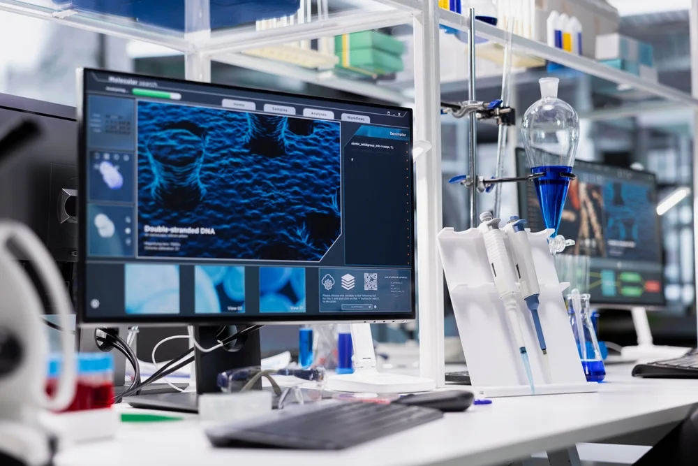 Laboratory workstation with DNA analysis on a monitor