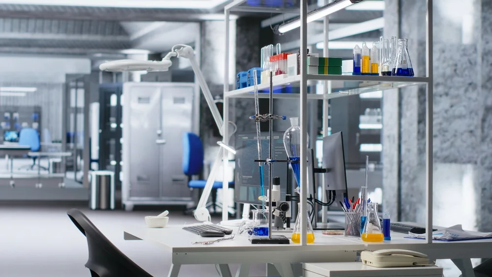 Chemistry laboratory bench with glassware and equipment