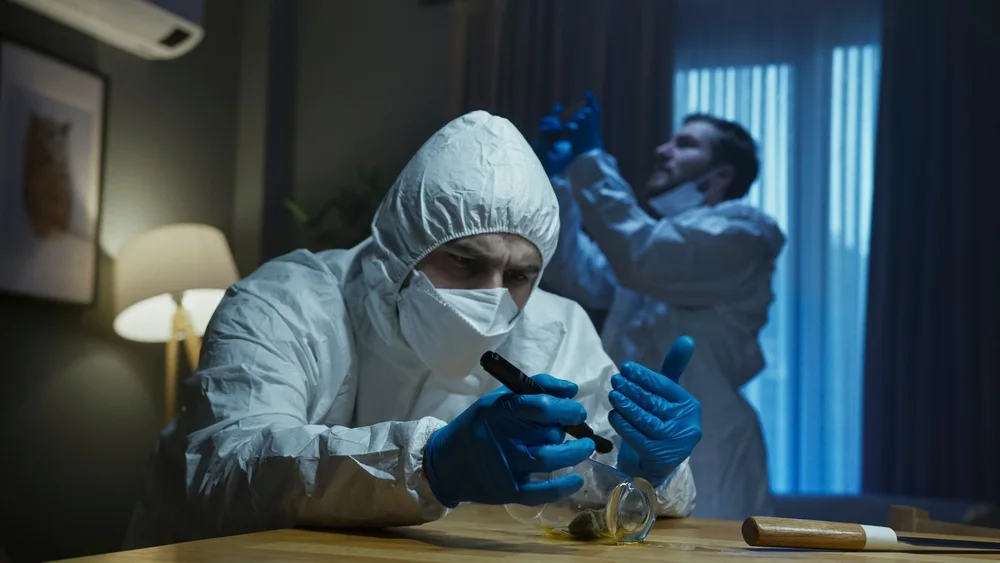 Technicians in protective suits examining items at an indoor scene at night