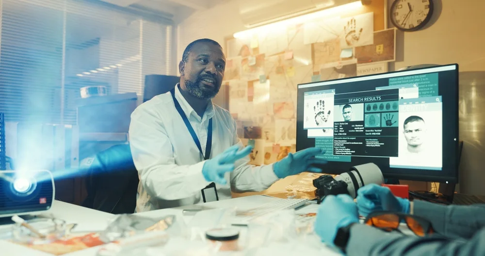 Investigator at a workstation showing fingerprint search results