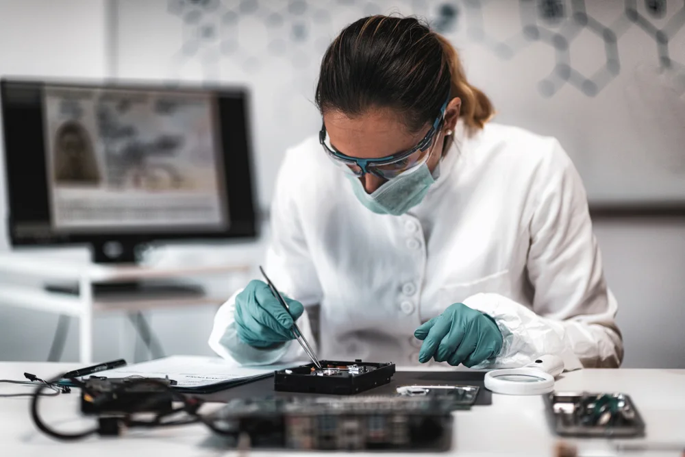 Analyst working on a circuit board at a forensic workstation