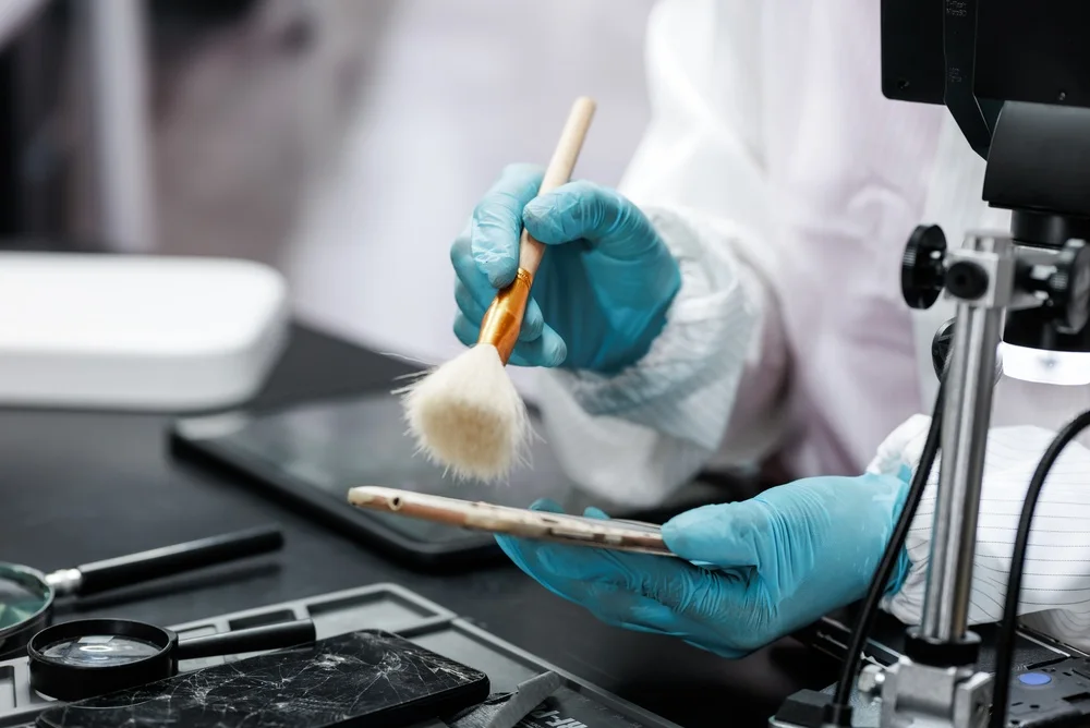 Gloved technician brushing fingerprint powder over a device