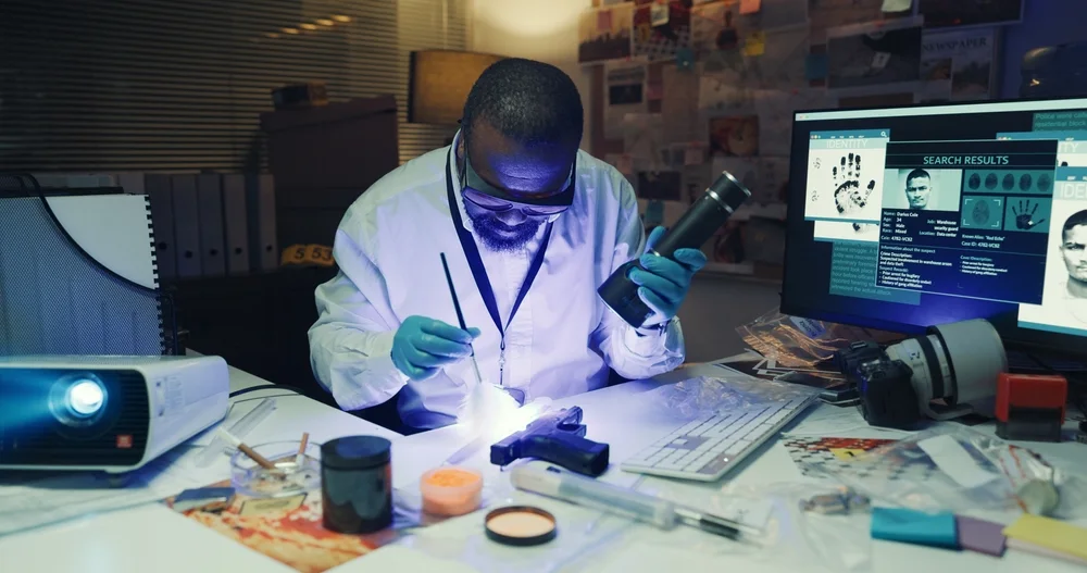 Examiner inspecting evidence under an ultraviolet light source
