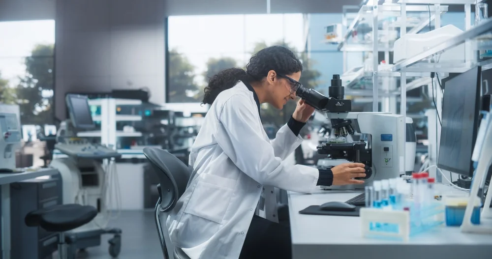 Scientist working at a microscope in a bright laboratory