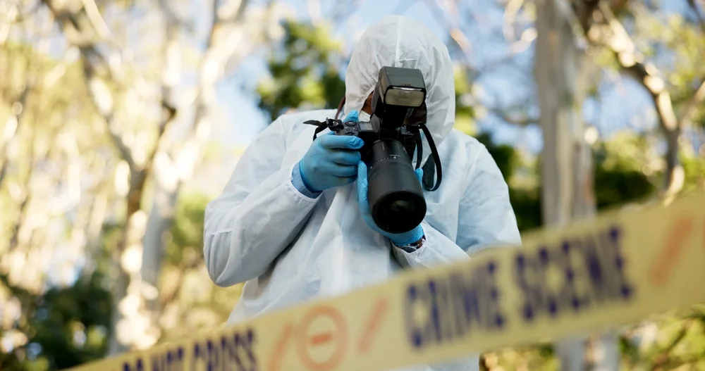 Investigator photographing a scene from behind crime scene tape