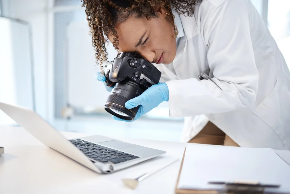 Technician photographing a laptop on a laboratory table
