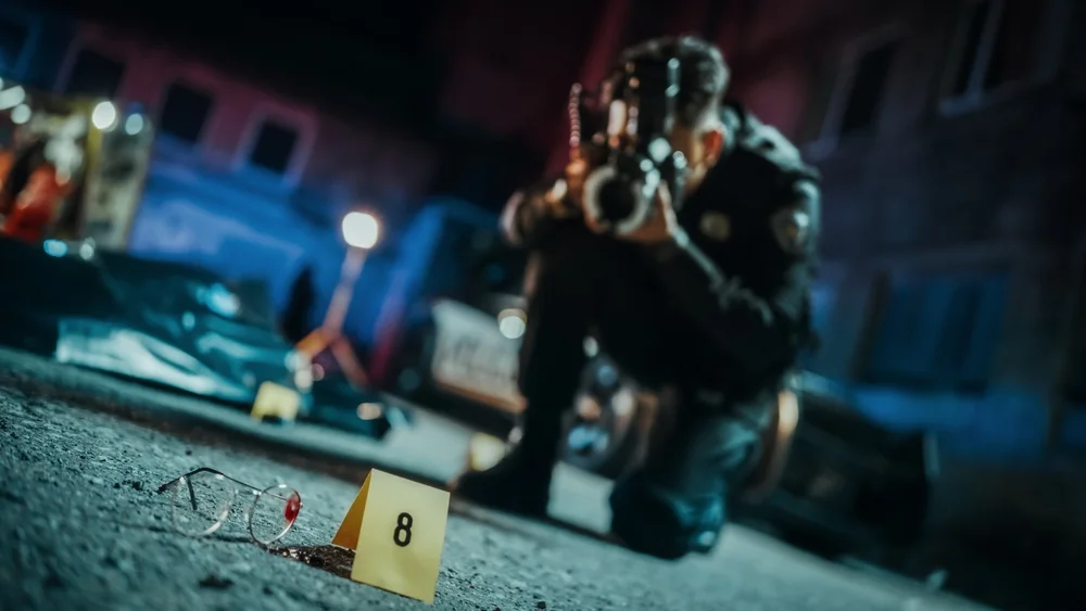 Investigator photographing evidence markers on a street at night