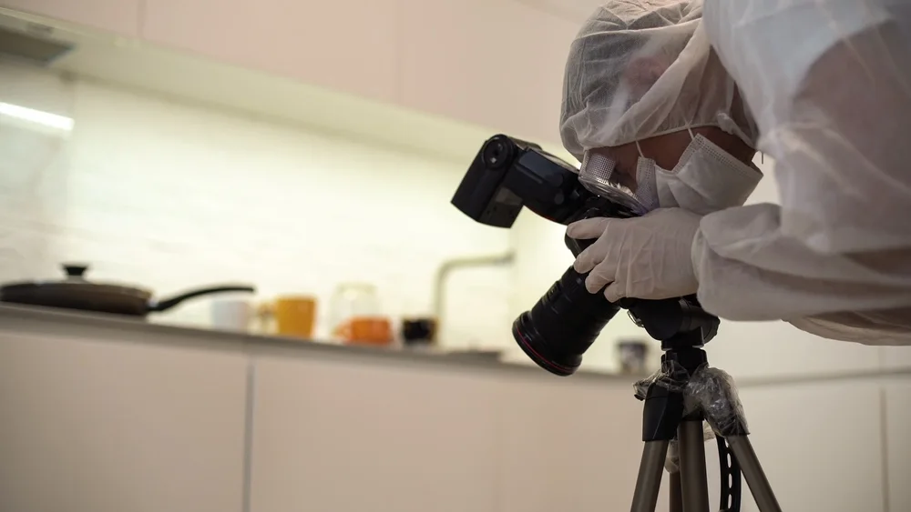 Investigator photographing a kitchen with a tripod-mounted camera