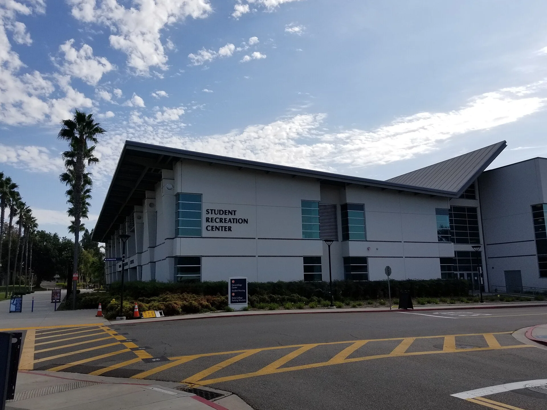 The Student Recreation Center at California State University, Fullerton, under a clear sky