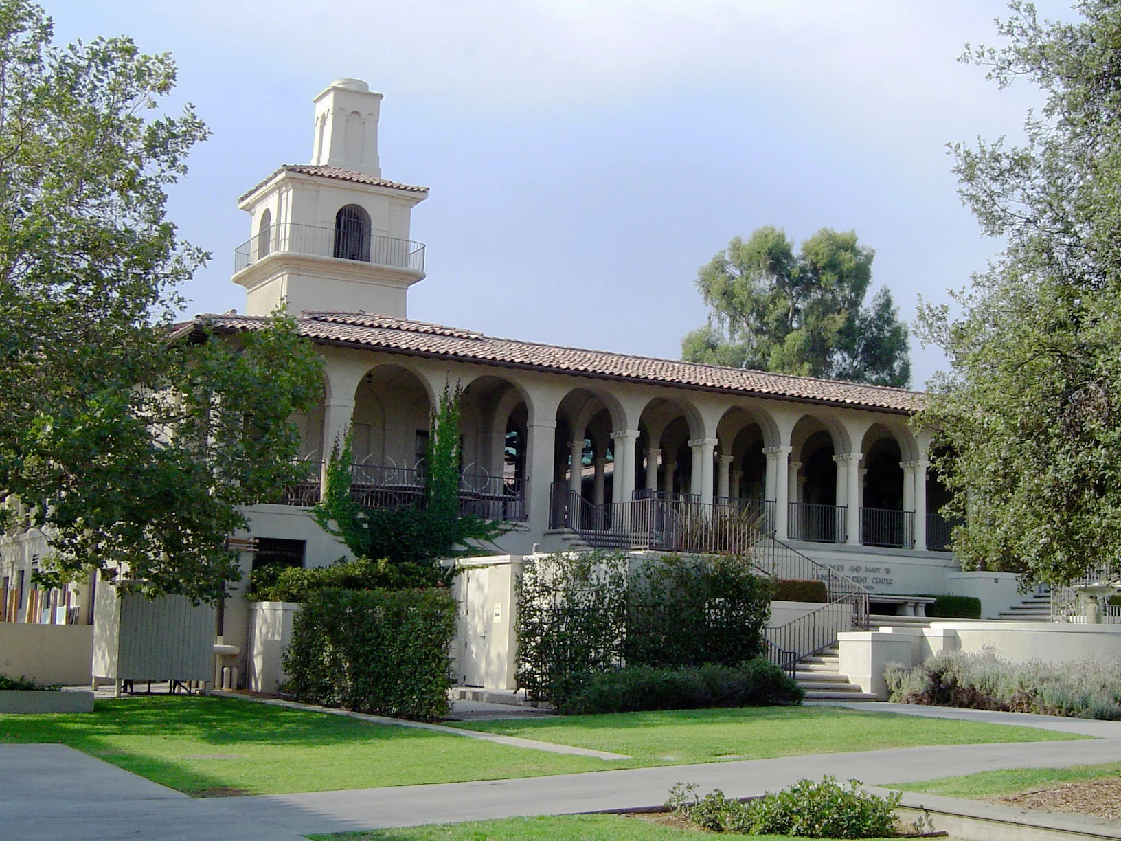 The arcaded Spanish-style student center at Los Angeles Mission College with a bell tower
