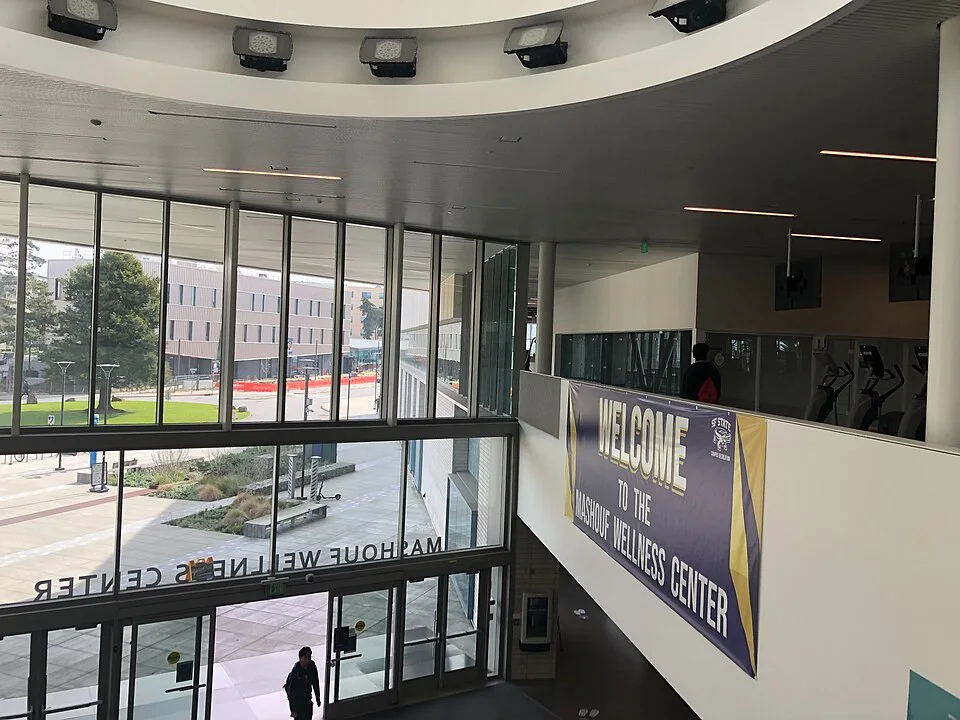 The glass-fronted Mashouf Wellness Center at San Francisco State University