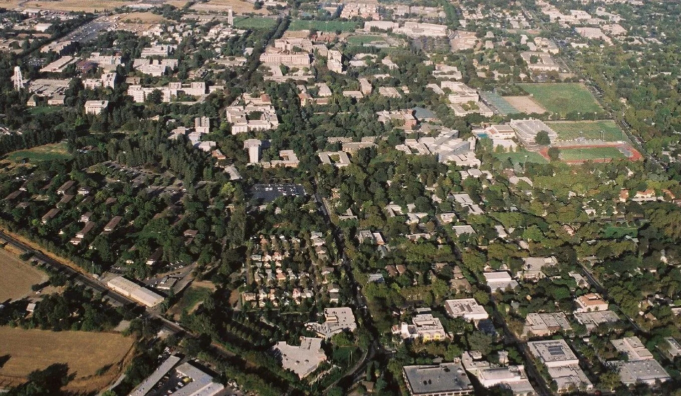 An aerial view of the University of California, Davis campus and surrounding farmland
